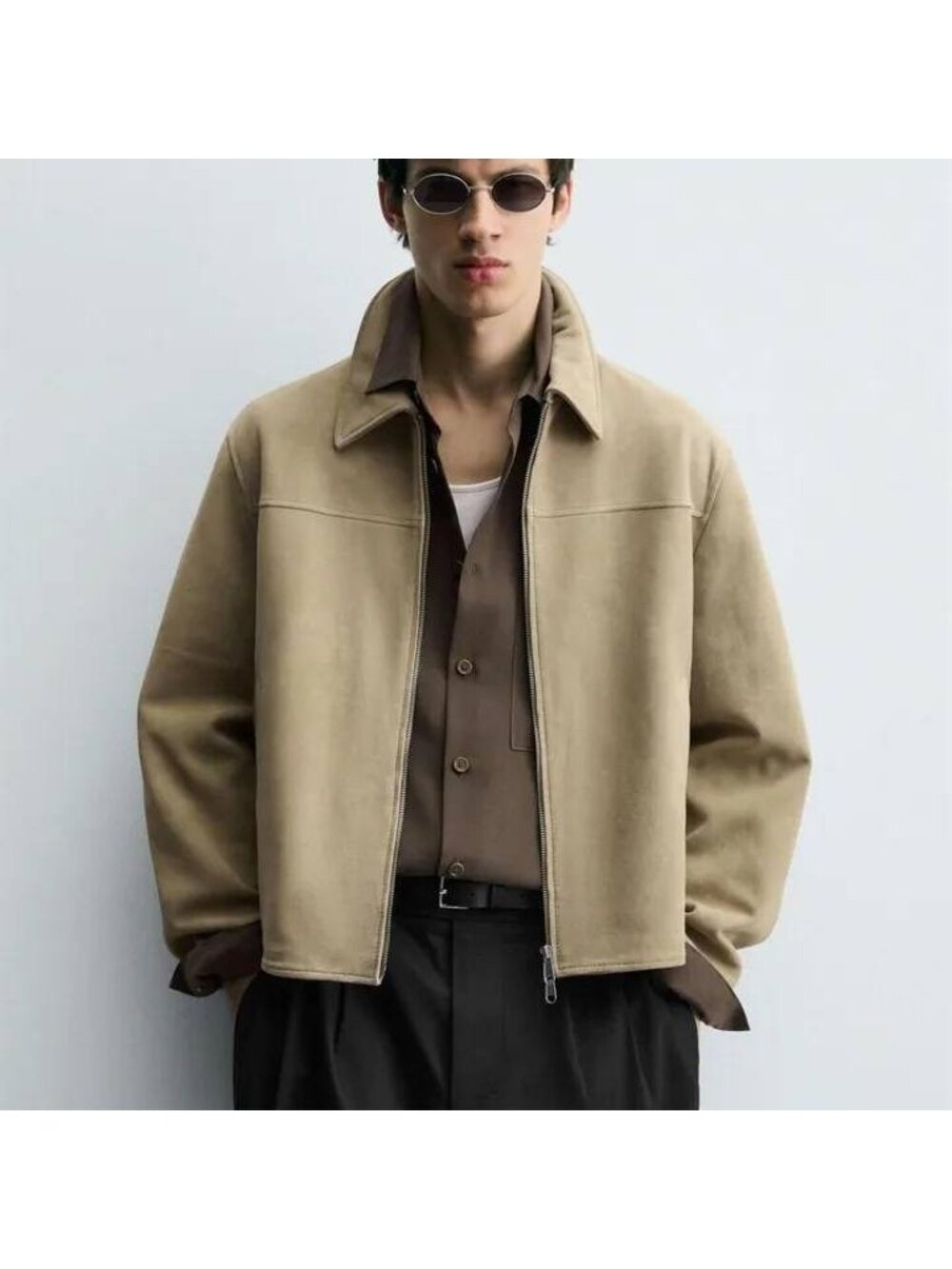 Zara Leather Suede Jacket Mens coat Large L Tan full zip 5388/280 NWOT